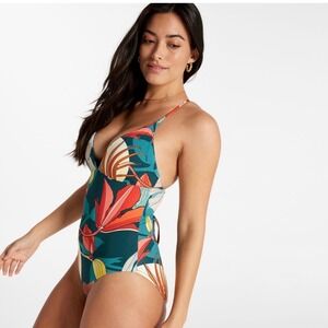 New Callia Tropical Botanical Print One Piece Swimsuit Strappy Back Size 16